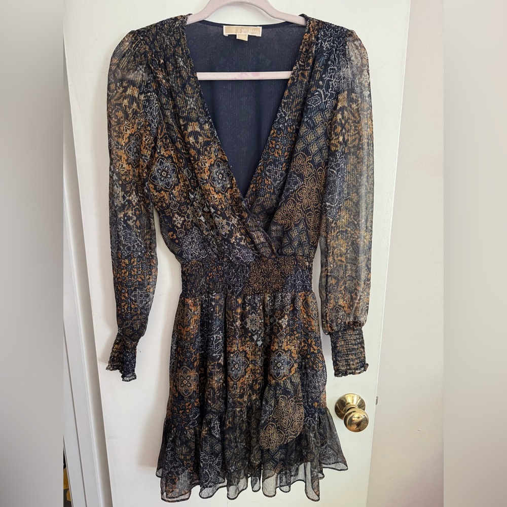 Michael Kors Blue and Brown Long Sleeve Wrap Dress